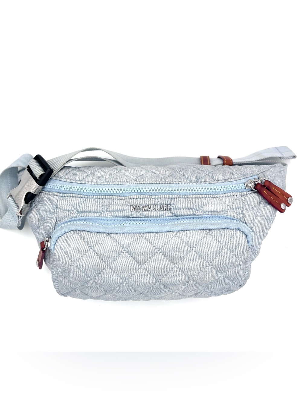 MZ Wallace Light Silver Quilted Nylon Crossbody Belt Bag with Brown Trim